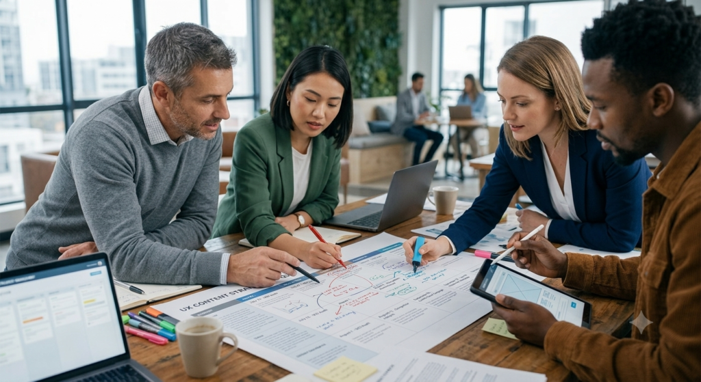 Four colleagues working together over a marked-up content plan