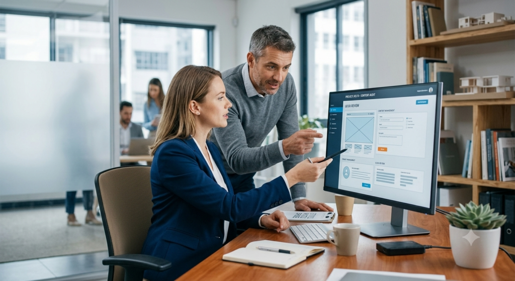 Two colleagues reviewing a digital content layout on a monitor