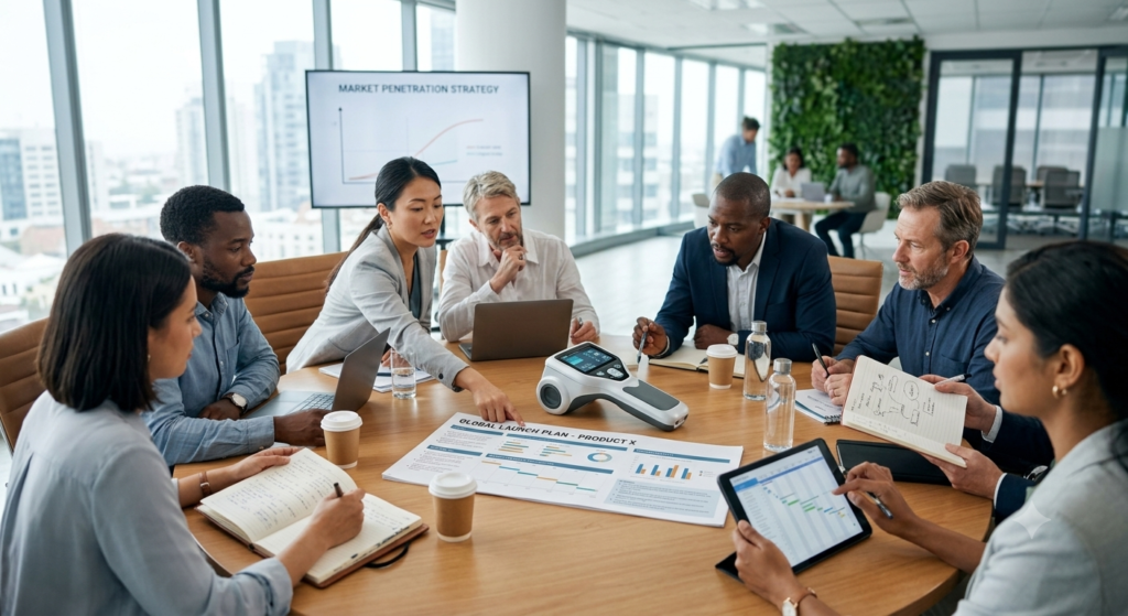 Colleagues discussing a product launch plan around a table