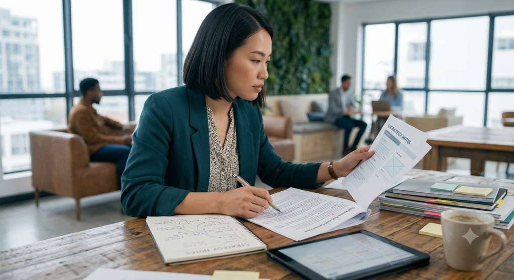 A strategist reviewing an article draft and notes at a desk