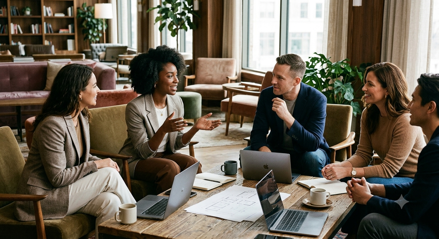 Professionals talking around a table with laptops and notes